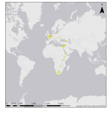 Figure 2. A map of all known contexts to feature laminar technology (yellow dot = context) (Image Copyright: C S. Hoggard).